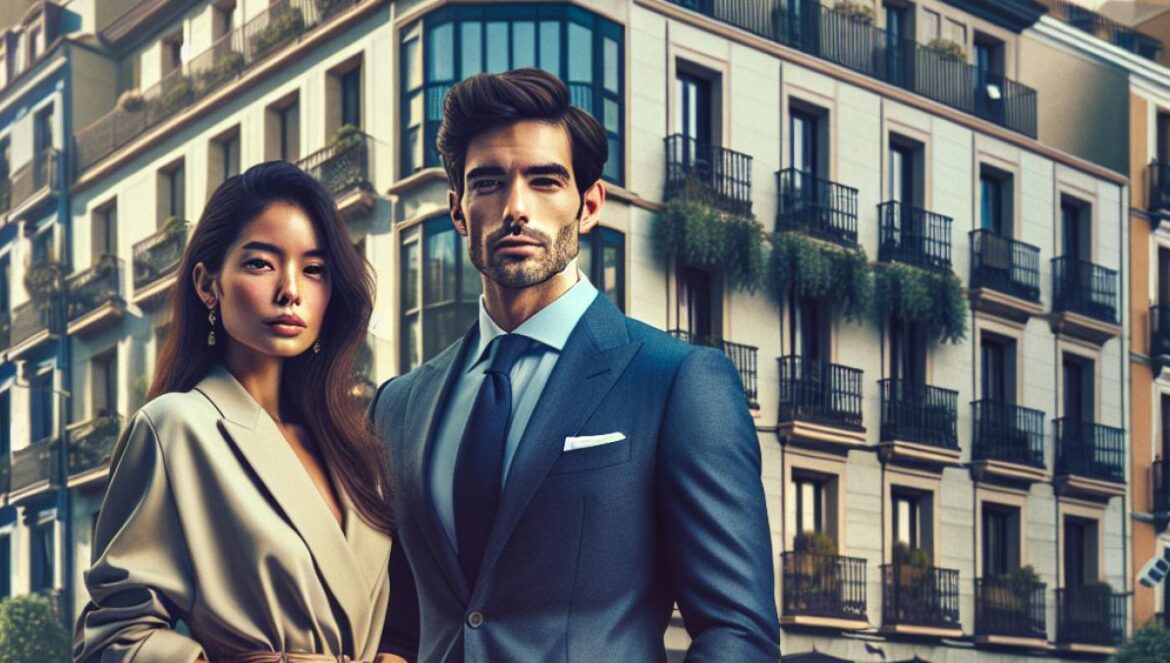 Vivienda en Madrid: ¿Por qué el 0,1% siente que no es suficiente? A well-dressed professional couple standing in front of a modest, older apartment building in an upscale Madrid neighborhood, photorealistic editorial style, daylight with urban backdrop, contrast between their elegant appearance and the building's unremarkable facade, city street details and subtle luxury elements, main subjects well-centered and in sharp focus.