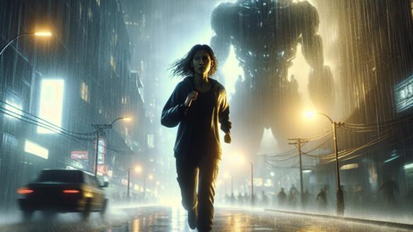 A close-up of a determined woman (inspired by Sarah Connor) running through a dark, rainy urban street at night, photorealistic editorial style, dramatic lighting highlighting rain-soaked textures and neon reflections, with a looming humanoid robot silhouette in the background. Main subject centered and sharply in focus, intense and cinematic mood, city details visible but blurred for emphasis on emotion.