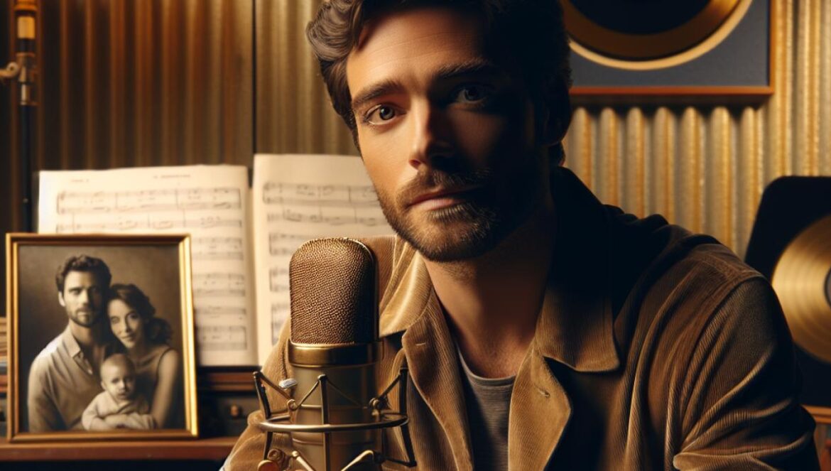 Frédéric François y la reinvención en tiempos difíciles: ¿puede el arte sanar una depresión? A photorealistic editorial portrait of Frédéric François in a cozy, warmly lit recording studio, seated with a vintage microphone and surrounded by gold records and music sheets. He looks reflective yet hopeful, a supportive family photo visible on a side table. The composition is centered, capturing his expressive gaze and the intimate setting.
