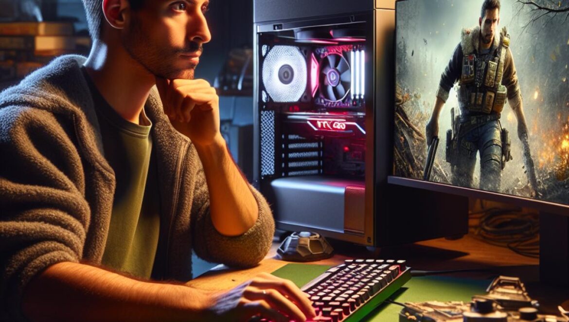 ¿Necesitas una RTX 4090 para jugar? El escándalo gráfico detrás de ‘Hell is Us’ A focused PC gamer in his late twenties sits at a modern desk, intensely testing a new dark-themed open world game on a high-end setup with a visible RTX 4090 graphics card. Photorealistic editorial style, neutral lighting highlighting both the glowing monitor and the futuristic GPU, clutter of old and new gaming consoles in the background for added authenticity. The gamer is well-centered and sharply in focus, showing curiosity and excitement.