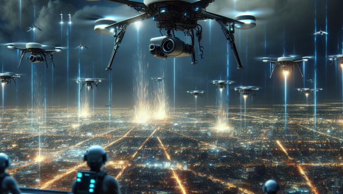 Drones, guerra e IA: así cambió Ucrania las reglas del combate para siempre A swarm of military drones flying at night over a modern cityscape, photorealistic editorial style, dramatic lighting with flashes from explosions in the background, focused on several mid-size drones equipped with cameras and sensors, tense atmosphere, city lights below, main drone centered and sharply in focus, hint of operators monitoring screens in a high-tech control room.