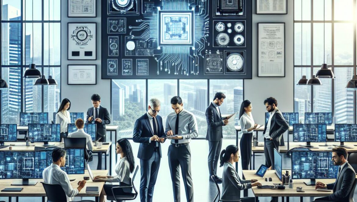El renacer de Huawei: sin Google, sin permiso A modern, dynamic office in Shenzhen with diverse engineers collaborating over semiconductor blueprints and advanced chip prototypes, photorealistic editorial style, bright natural lighting from large windows, high-tech gadgets on desks, digital screens displaying chip schematics, well-centered main team in sharp focus with Huawei logos subtly present.