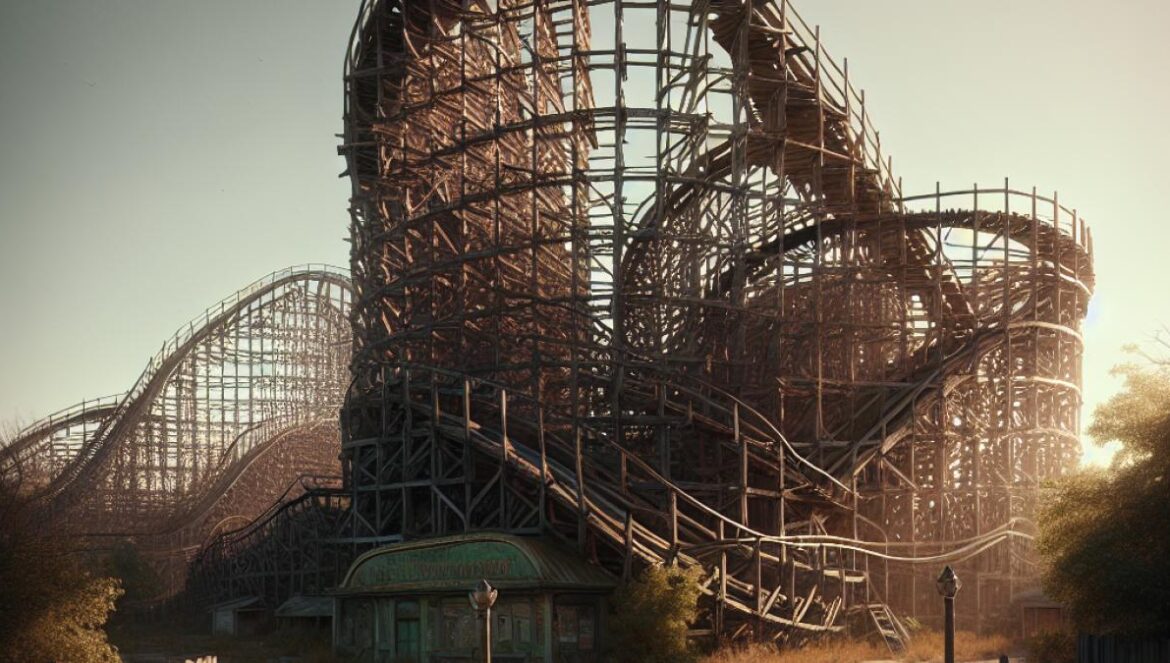 Magnus Colossus en ruinas: cuando una montaña rusa revela el desgaste interior A deserted wooden roller coaster, Magnus Colossus, standing majestically yet unused in Terra Mítica park, photorealistic editorial style, soft afternoon light highlighting weathered wood and overgrown plants around the base, the main structure centered and in sharp focus, with distant empty walkways and faded park signage hinting at its forgotten glory.