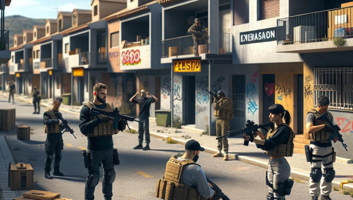 El pueblo fantasma de Valencia que se convirtió en el Nuketown real de Call of Duty A photorealistic editorial-style image showing an abandoned Spanish suburban neighborhood, reminiscent of the Nuketown map from Call of Duty, with rows of empty modern houses, cracked pavement, and subtle graffiti. In the center, a group of Airsoft players in tactical gear prepares for a match. Bright afternoon lighting, vivid colors, main subjects centered and in sharp focus, clean background with some visible Spanish signage for authenticity.