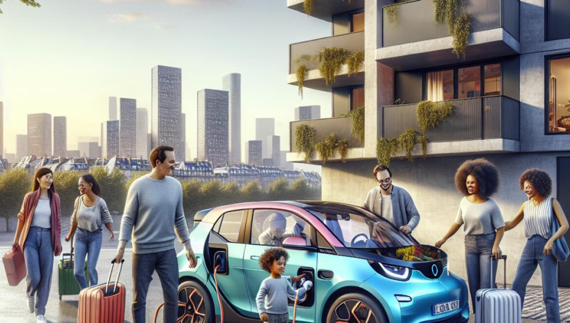 Renault 5 eléctrica: ¿Realmente es tan fácil viajar como dicen? Mi experiencia sin filtros A family loading luggage into a vibrant electric Renault 5 in front of a modern Parisian apartment, photorealistic editorial style, bright daylight, the car clearly centered and in sharp focus, visible charging cable connected, a child holding a toy robot, cityscape and leafy trees in the background for a warm, optimistic mood.