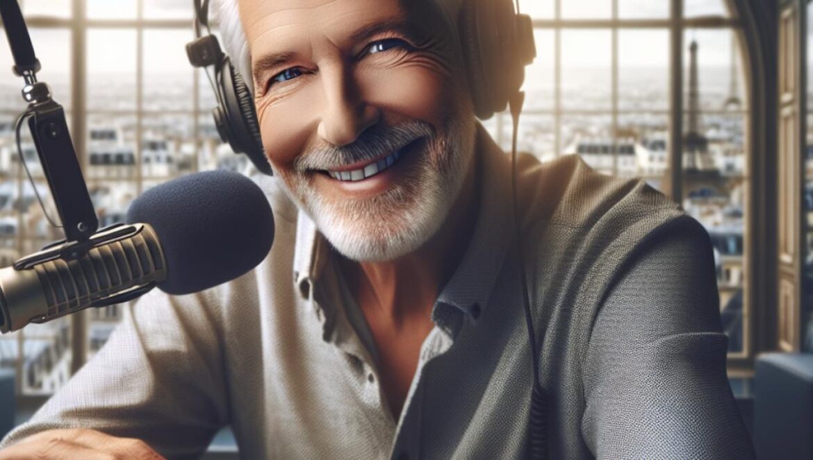 ¿Puede una voz cambiar tu ánimo? El inesperado efecto del relevo en Europe 1 Jean-Pierre Foucault, a charismatic older French radio host, sitting at a modern radio station desk with headphones, smiling warmly and engaging with listeners, photorealistic editorial style, bright daylight through large windows, subtle Parisian decor in the background, main subject well-centered and in sharp focus.