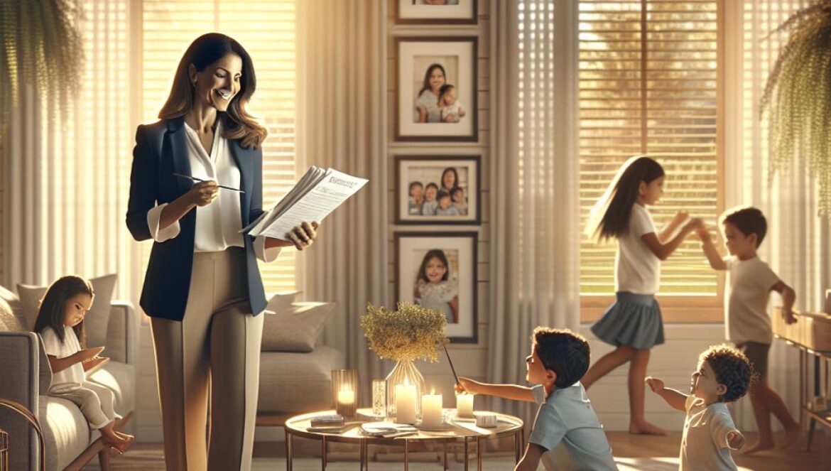 Camille Santoro lo dejó claro: cuidar de ti también es una victoria A stylish mother of six, centered in a bright, cozy living room filled with family photos and playful children. Editorial photorealistic style, natural daylight streaming through new window blinds. The mother is smiling, holding paperwork and her phone, visibly content after a productive morning. Main subject well-centered and in sharp focus, warm homey atmosphere, plants and candles visible in the background.