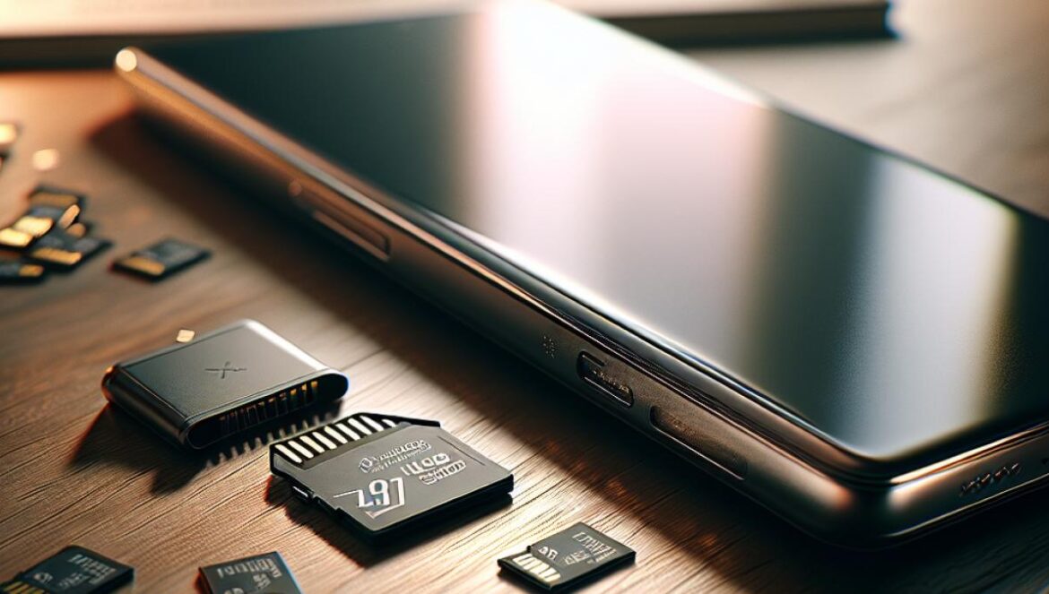 microSD en smartphones: ¿Realmente perdimos libertad o ganamos eficiencia? A close-up of a modern smartphone on a wooden desk, center-focused, with an empty microSD slot next to the device and several small microSD cards scattered around. Editorial, photorealistic style, soft natural lighting. Subtle reflections on the phone’s screen, and a blurred background showing a tech book and some cables, creating a tech-savvy but cozy atmosphere. Main subject (phone and microSD slot) is well-centered and in sharp focus.