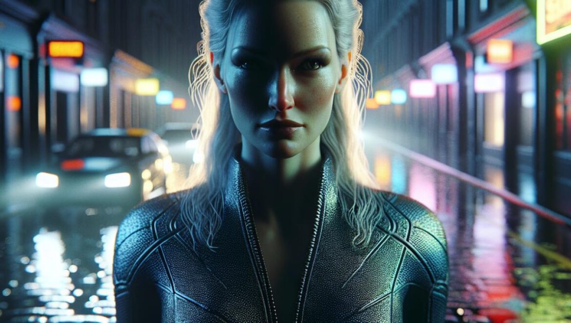 La película con Scarlett Johansson que casi nadie vio… pero que cambió el cine de ciencia ficción Scarlett Johansson as a mysterious woman in a dark Scottish street at night, photorealistic editorial style, moody lighting with neon reflections, her face illuminated by car headlights as she stands alone, rain-soaked cobblestones glistening, atmosphere of intrigue and alien detachment, main subject centered and in sharp focus.