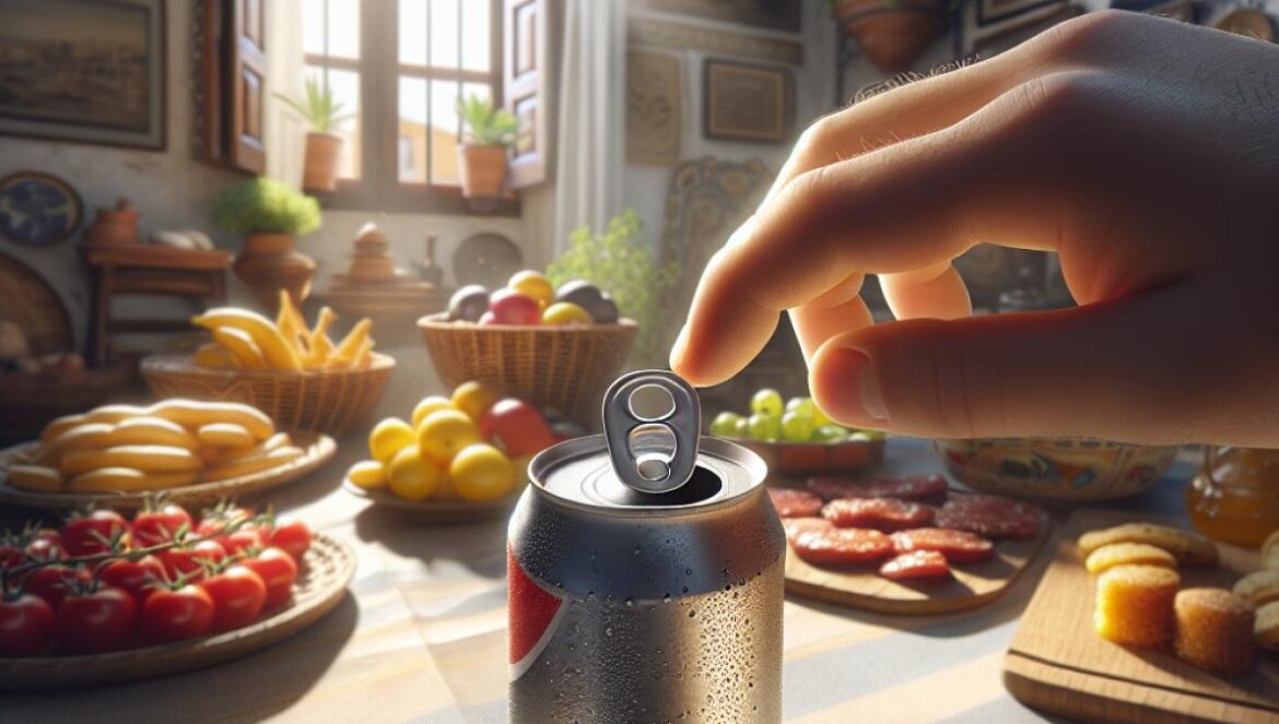 ¿Para qué sirve en realidad el furito de la lata? Spoiler: no es para la pajita A close-up, editorial-style shot of a traditional Spanish kitchen table in Cádiz, featuring an open soda can with the tab and central hole clearly visible. The main focus is on a hand about to open the can using the hole, with fresh Andalusian tapas and market produce in the background. Photorealistic style, natural daylight streaming through a window, cozy and inviting mood. The soda can and the act of opening it are sharply centered and in focus.