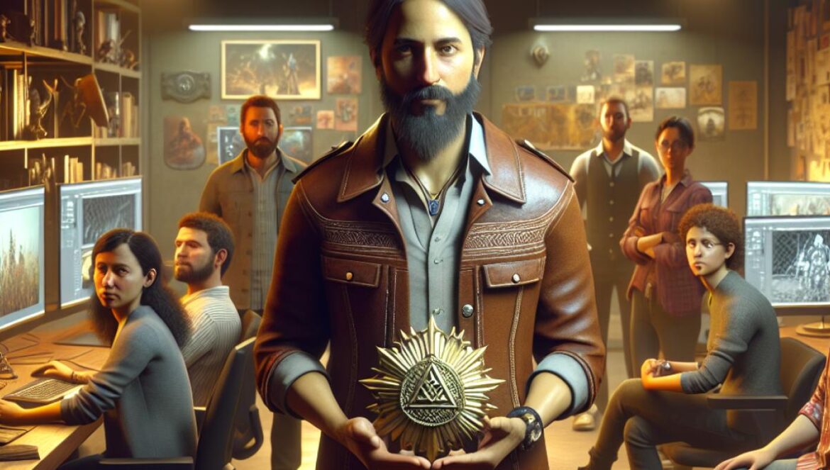 CD Projekt RED lo tiene claro: mejor perfeccionar el RPG que perderse en la innovación vacía A focused group of game developers in a modern studio, analyzing concept art for an epic open-world RPG, photorealistic editorial style, warm lighting, high-end monitors and classic game memorabilia on shelves, main subject—a lead developer holding a Witcher medallion—centered and in sharp focus, creative yet professional atmosphere.