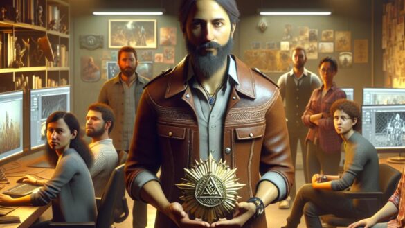 CD Projekt RED lo tiene claro: mejor perfeccionar el RPG que perderse en la innovación vacía A focused group of game developers in a modern studio, analyzing concept art for an epic open-world RPG, photorealistic editorial style, warm lighting, high-end monitors and classic game memorabilia on shelves, main subject—a lead developer holding a Witcher medallion—centered and in sharp focus, creative yet professional atmosphere.