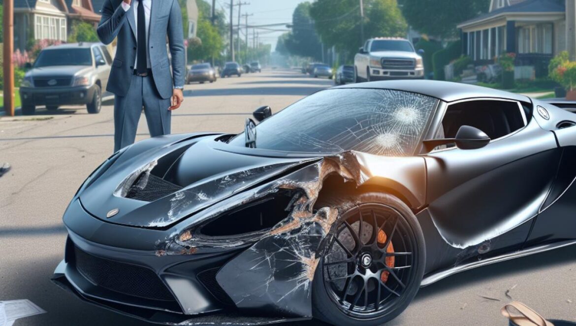 ¿Compraste un Corvette? Cuidado: tu seguro podría arruinarlo en 5 días A luxury Chevrolet Corvette C8 parked on a quiet residential street, visibly damaged on one side, with a frustrated owner standing nearby making a phone call. Photorealistic editorial style, daylight with clear lighting, details include high-end car features, urban US environment, and paperwork or insurance documents in the owner's hand. Main subject and car are sharply centered and in focus; background is clean and subtly blurred to emphasize emotion.