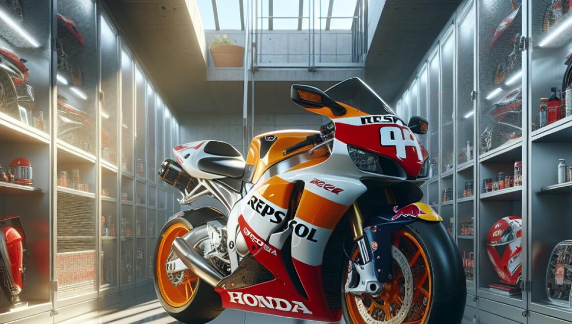 Motos de los 2000: ¿por qué una Honda CBR clásica vale hoy más que una nueva? A pristine, center-focused 2005 Honda CBR1000RR Repsol edition motorcycle, showcased in a well-lit, modern garage with clean metallic shelves and collector memorabilia. Editorial photorealistic style, sharp focus on the bike's bold colors and original packaging materials. Subtle sunlight streams through high windows, evoking nostalgia and exclusivity. No people present, background neat and uncluttered, main subject perfectly centered.