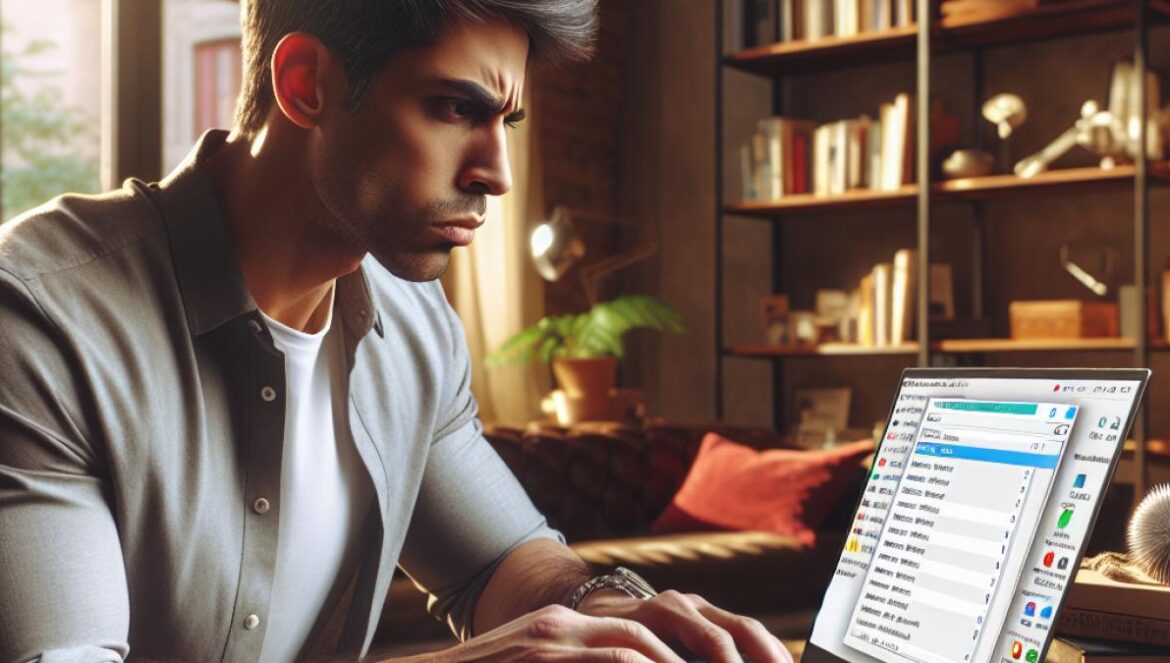 ¿Por qué Windows 11 se ve moderno pero se siente más lento que Windows 10? A frustrated young man using a modern laptop in a cozy, tech-filled apartment, staring at a sluggish Windows 11 interface on the screen, photorealistic editorial style, warm natural lighting from a window, tech books and gadgets around, main subject well-centered and sharply focused, subtle details like coffee mug and open task manager highlighting slow response.