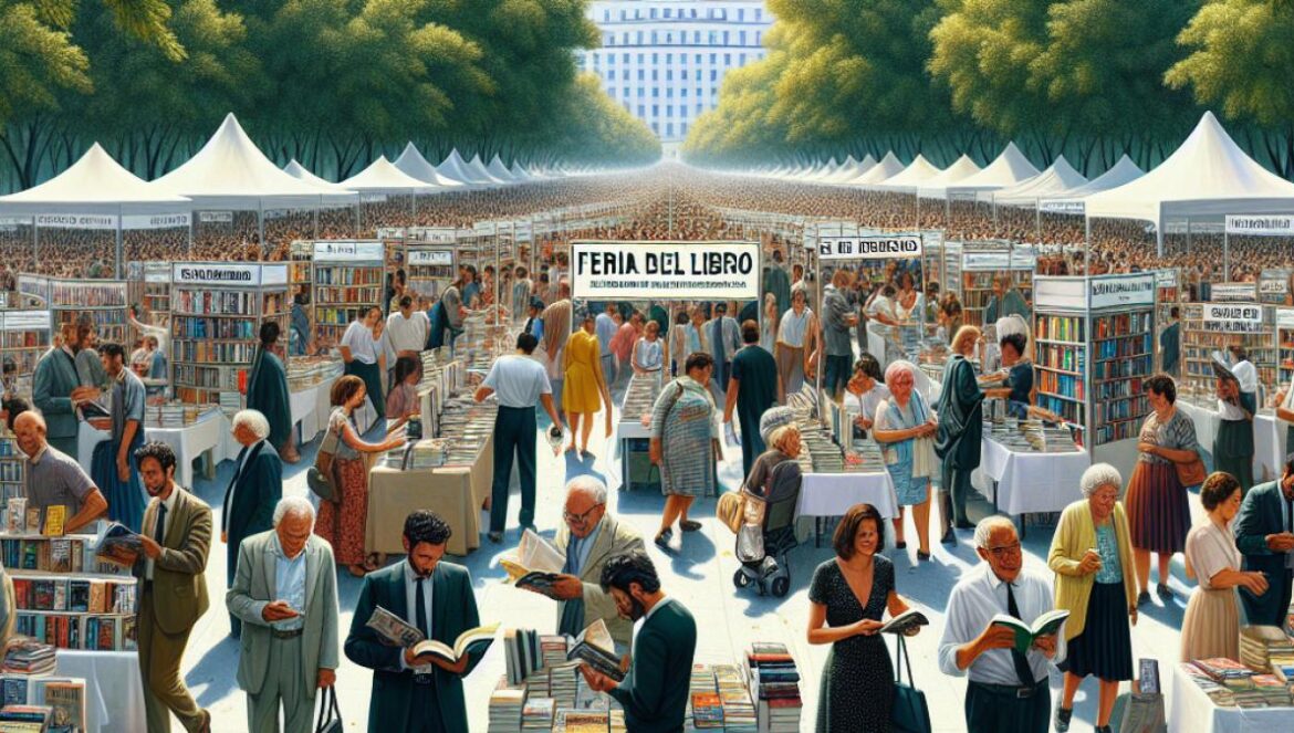 Cierre por calor en la Feria del Libro: ¿el fin de una tradición en El Retiro? A bustling outdoor book fair in Madrid's El Retiro park, photorealistic editorial style, people browsing book stands under leafy trees, some with fans and water bottles due to visible summer heat, authors signing books at central booths, concerned faces among organizers, vibrant daylight, center-focused on a group of readers near a 'Feria del Libro' banner, clean and dynamic background with subtle cityscape hints.