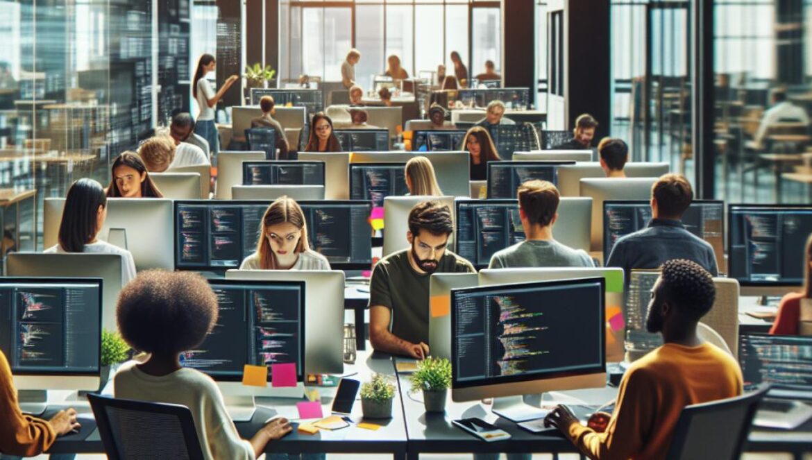 ¿IA real o teatro digital? El caso Builder.ai destapa un escándalo millonario A modern open-plan office with rows of computers, a mix of young and diverse professionals intensely working at screens, some with code and design apps visible, realistic editorial photography, natural daylight flooding through large windows, subtle reflections on glass partitions, focus sharply centered on a cluster of workers collaborating with digital devices and sticky notes, background bustling but not distracting.