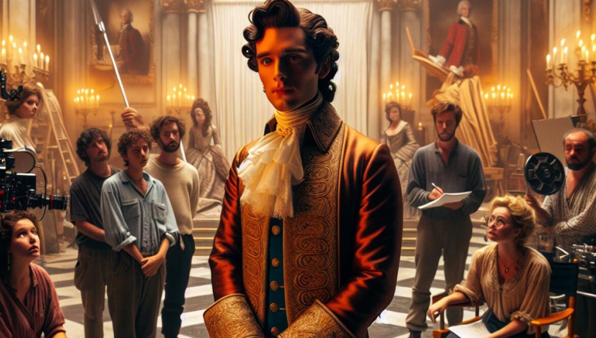 Johnny Depp en ‘A Favorita do Rei’: ¿genio incomprendido o reto en el set? Johnny Depp in full 18th-century royal costume, standing at the center of an ornate film set with French Baroque decor, surrounded by anxious crew members and director Maïwenn giving instructions, photorealistic editorial style, warm but tense mood, subtle dramatic lighting highlighting Depp's enigmatic expression, background filled with filmmaking equipment and period props, main subject clearly centered and in sharp focus.