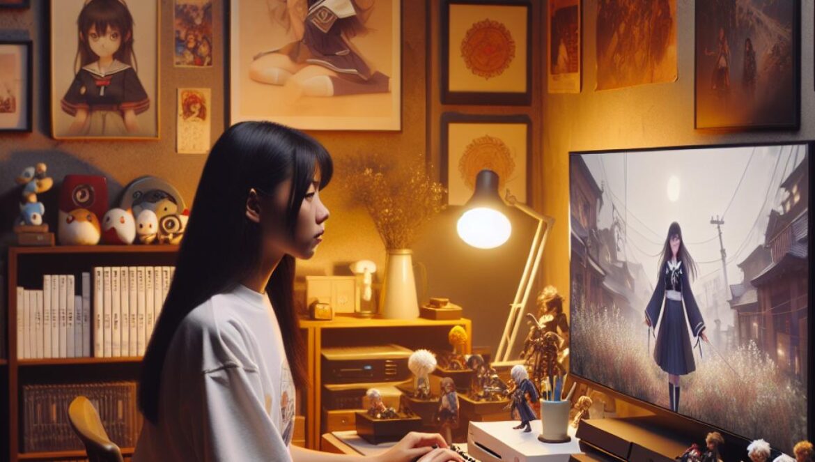 Perennial Dusk: ¿Por qué este visual novel censurado conquista Steam con 96% de aprobación? A young gamer in a cozy, modern apartment, surrounded by both retro and modern consoles, is playing a Japanese visual novel on a high-end PC. The screen shows contrasting visuals: cute anime characters with dark, dramatic backgrounds. Photorealistic editorial style, warm ambient lighting highlighting shelves of game memorabilia and posters, with the main subject clearly centered and focused on the gameplay experience.