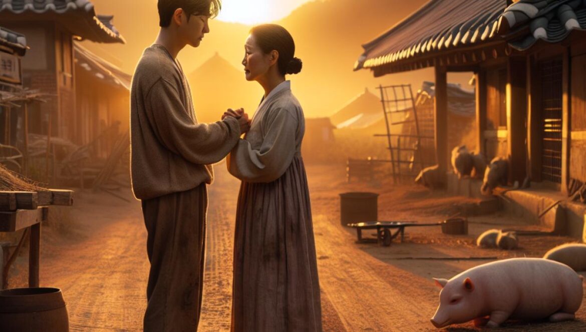 El k-drama que te rompe y te abraza: por qué ‘The Good Bad Mother’ es tan poderoso A moving scene from a Korean rural village, with a mother and adult son facing each other in an emotional reunion on a dirt road, photorealistic editorial style, soft golden sunset lighting, subtle tears and expressive faces, traditional farm elements like a pigsty and rustic house in the background, main subjects clearly centered and in sharp focus, cinematic depth.