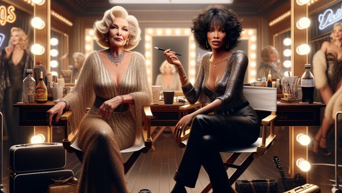 ¿Por qué ‘Hacks’ es la serie más afilada y adictiva que nadie te recomendó aún? Two women comedians, one older and glamorous in a Las Vegas dressing room, the other young with a laptop and coffee, photorealistic editorial style, warm lighting, background of showbiz memorabilia and stage props, both seated at a central vanity table, their expressions reflecting tension and mutual respect, main subjects centered and in sharp focus.