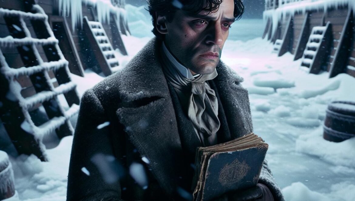 ¿El ‘Frankenstein’ de Guillermo del Toro será la versión más humana jamás contada? Oscar Isaac as Victor Frankenstein, standing on a frozen Arctic ship deck at twilight, surrounded by snow and ice. He looks exhausted and haunted, holding a tattered journal. The atmosphere is somber and dramatic, with cinematic lighting highlighting his face. Editorial photorealistic style, main subject well-centered and in sharp focus, subtle gothic elements in the background.