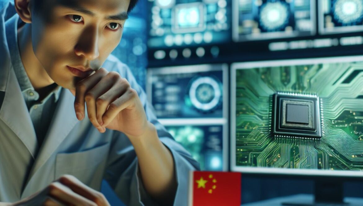 China apuesta por chips propios aunque sean peores: ¿estrategia suicida o jugada maestra? A Chinese engineer in a modern semiconductor lab, examining a tray of locally-made computer chips, photorealistic editorial style, bright even lighting, futuristic lab equipment and computer screens with circuit diagrams, main subject clearly centered and sharply in focus, subtle hints of Chinese technology brands in the background.