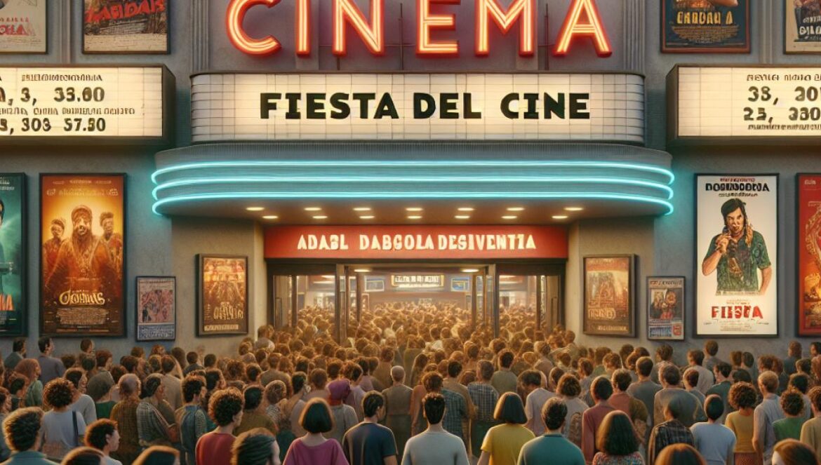 ¿Descuento o espejismo? Lo que revela realmente la Fiesta del Cine en España A photorealistic editorial image of a bustling Spanish cinema during Fiesta del Cine, main entrance packed with diverse moviegoers holding discounted tickets and chatting excitedly, vibrant posters for both Hollywood blockbusters and Spanish films visible on the facade, well-lit evening atmosphere, central focus on the crowd's anticipation and energy, clean background with clear signage.