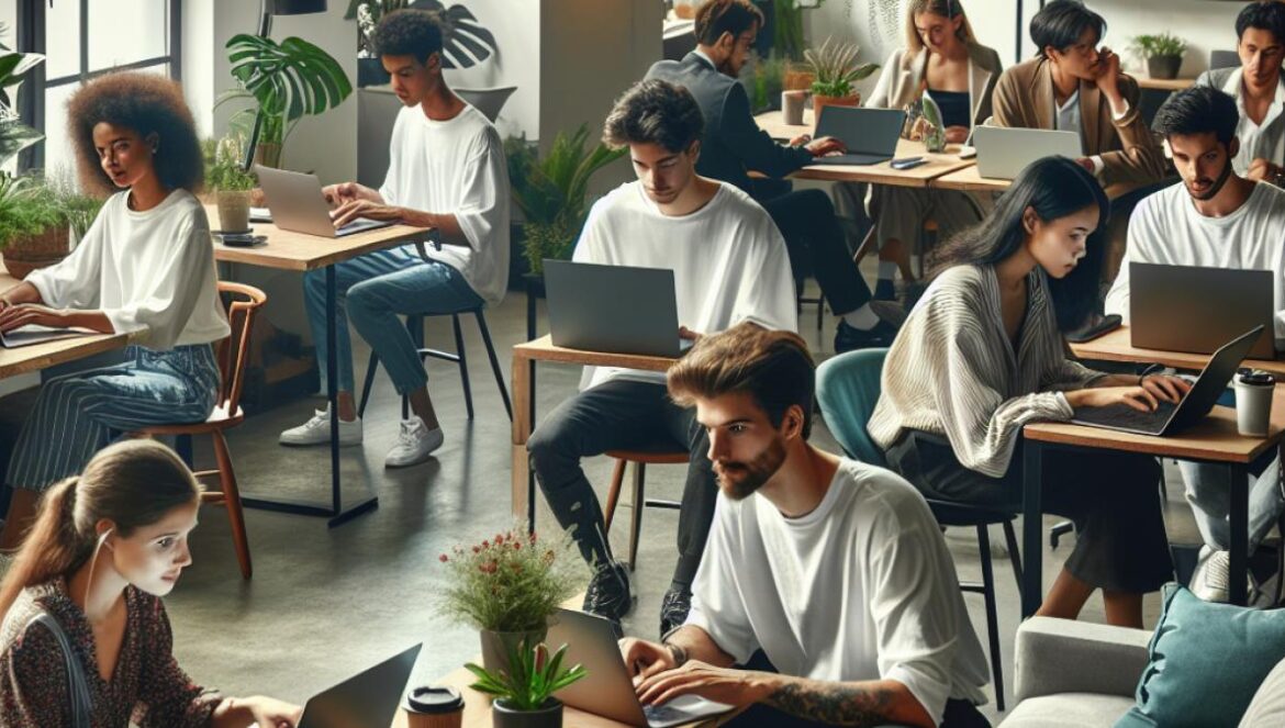 ¿Trabajar cuándo quieras? Así funciona el modelo más flexible del mundo laboral A modern coworking office in Buenos Aires, editorial photorealistic style, diverse group of young professionals working at flexible hours with laptops, some engaged in casual conversations, lush indoor plants and natural light creating a calm productive atmosphere, main subjects (workers) clearly centered and in sharp focus, clean stylish workspace background.