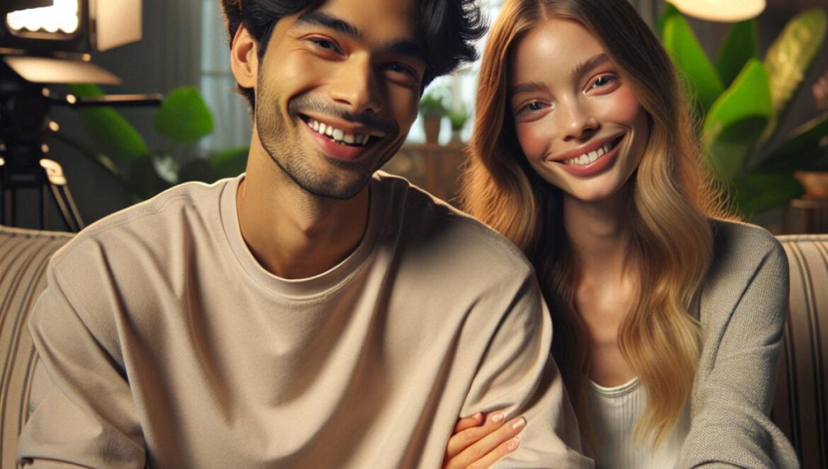 Mariés au premier regard: ¿Qué nos enseña el reality sobre las relaciones auténticas? A photorealistic editorial image of a young couple, relaxed and smiling, sitting close together on a cozy sofa in a softly lit living room. TV cameras and production lights are visible in the background, but the main focus is on the couple's authentic connection—subtle eye contact and gentle laughter. Modern French decor, lush indoor plants, and casual clothing create an intimate yet professional mood. Main subjects centered and sharply in focus, evoking warmth and trust.