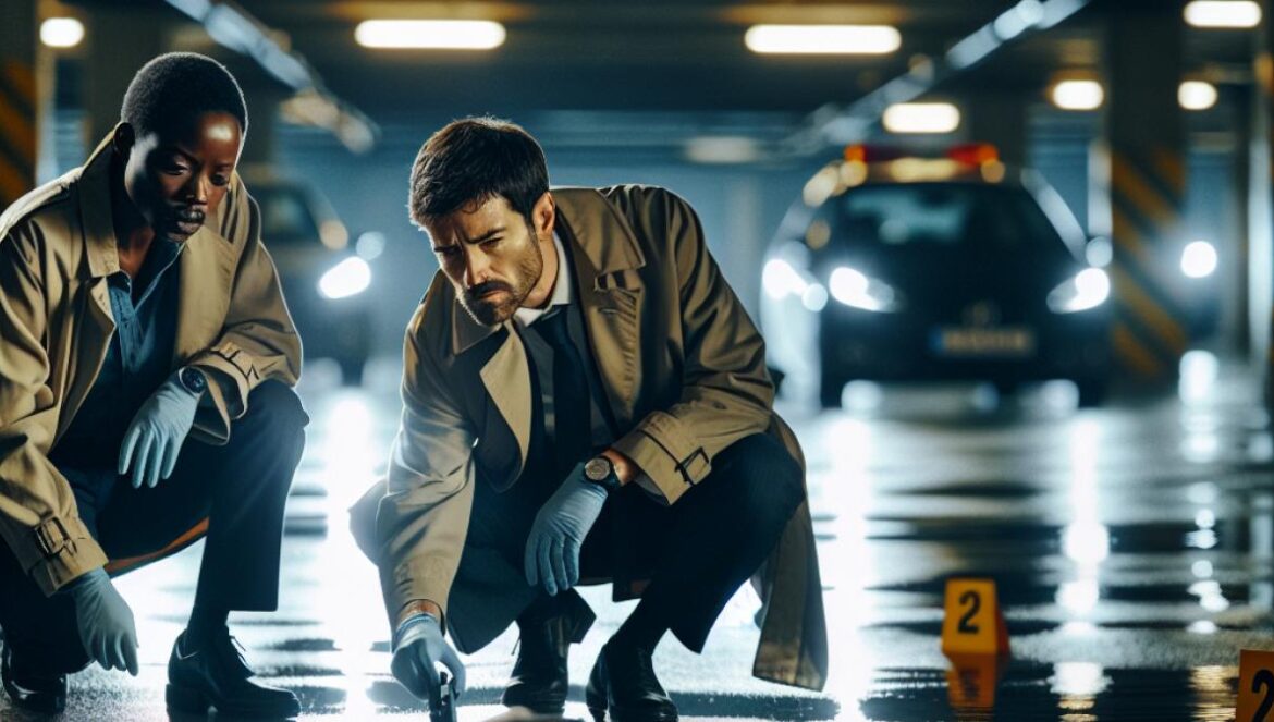 Netflix y la fascinación real: ¿Por qué ‘Czarna wdowa’ arrasa pese a las críticas? A centered, intense scene from a Spanish crime thriller film set in a dimly lit parking garage in Valencia, photorealistic editorial style, two detectives examine evidence near a body with subtle police lights reflecting on wet pavement, realistic mood, main characters sharply in focus at the center, evocative of suspense and real-life drama.
