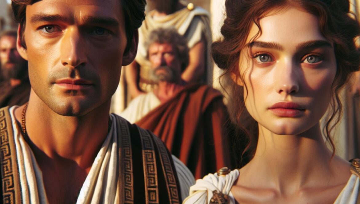 A center-focused editorial photograph of Orlando Bloom and Diane Kruger on the set of a large-scale historical film, surrounded by grand ancient Greek props and costumes, looking contemplative and slightly uneasy. The mood is tense but introspective, with natural sunlight illuminating their faces and highlighting intricate costume details. Background shows blurred extras in ancient attire, hinting at the epic scope of the production. Both actors are sharply in focus, main subject well-centered for a compelling editorial look.