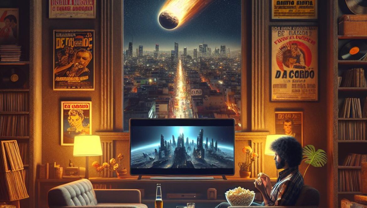 ‘Impacto profundo’: el clásico apocalíptico que aún conmueve más que mil superproducciones A photorealistic editorial image of a dramatic living room scene in Mexico City, nighttime, with a woman in her 30s sitting on a couch surrounded by dim warm lights, classic movie posters on the wall, and a laptop streaming 'Deep Impact' (Impacto profundo) showing an apocalyptic comet scene. The mood is tense yet cozy, the main subject centered and in sharp focus, holding popcorn with eyes wide in anticipation. Subtle reflections of disaster movie scenes on her face for added drama. Clean background with visible details: vintage vinyls, books, and urban window lights.