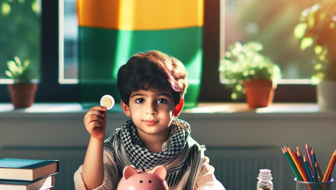 Boomers sin retiro y niños ahorradores: el giro inesperado del sistema alemán A well-lit editorial photo of a young child, around six years old, sitting at a modern desk with educational books and colorful piggy banks. The child is focused, holding a coin above a piggy bank, with a subtle German flag in the background. The scene is bright, optimistic, and the child is centered and sharply in focus. Warm sunlight filters through a window lined with green plants, suggesting hope and future planning.