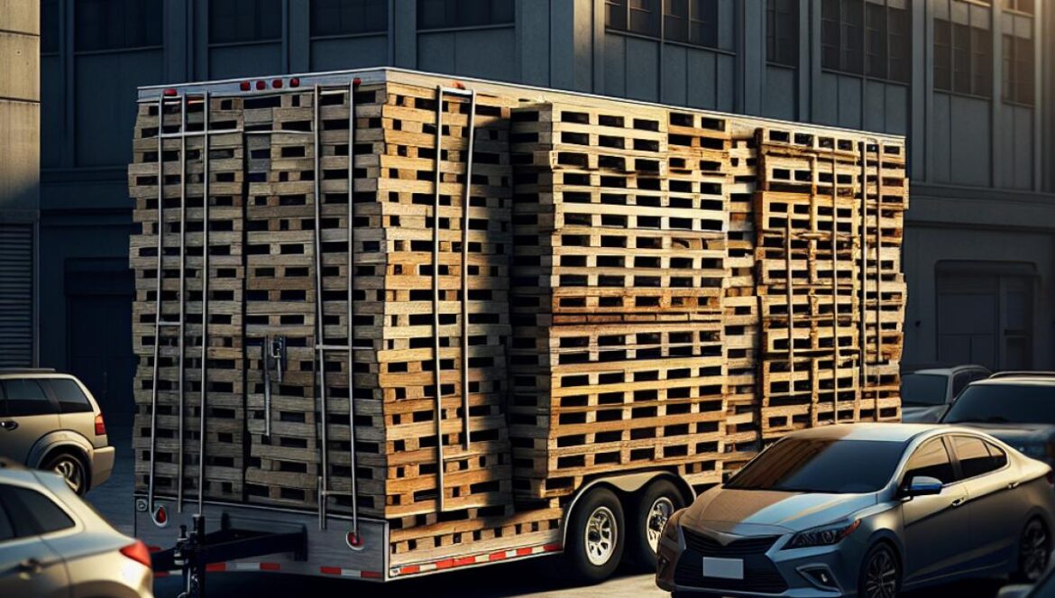 ¿Por qué la vida camper está conectada con tu bienestar más de lo que imaginas? A center-focused, photorealistic editorial image of a trailer disguised as stacked wooden pallets parked in an urban setting, with subtle hints of its hidden interior (like a small vent or faint window glow). Soft afternoon light illuminates the scene. The main subject—the disguised trailer—is clearly centered and in sharp focus, surrounded by typical city elements like cars and concrete, evoking curiosity and urban adventure.