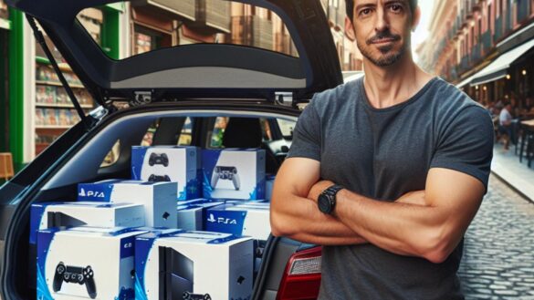 A determined video game store owner in his thirties, standing proudly next to a car with its trunk fully packed with boxed Nintendo Switch 2 consoles, photorealistic editorial style, bright daylight outside a small European storefront, the main subject well-centered and sharply in focus, boxes neatly arranged and visible inside the open trunk, bustling street in the background but unobtrusive.