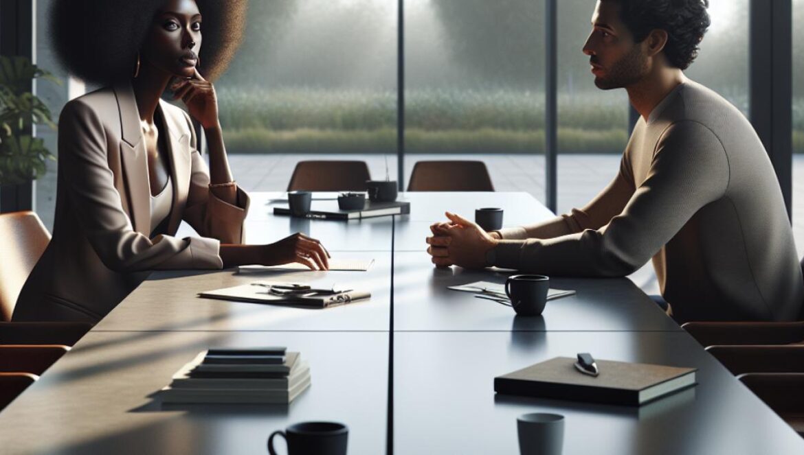 A photorealistic editorial image of two people seated at a modern table, both in the midst of a negotiation. One person, mid-sentence, pauses and looks thoughtful, while the other attentively waits in silence. The setting is bright with natural daylight streaming through large windows, subtle greenery in the background, and a few scattered notebooks and coffee cups. The main subjects are centered and sharply in focus, capturing the moment of shared silence and reflection.