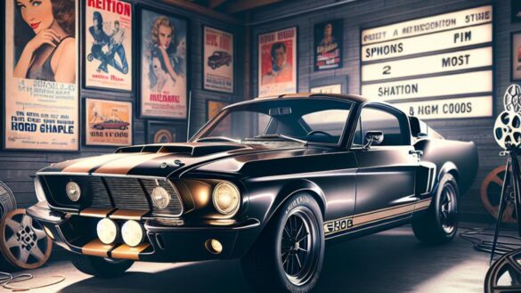 A classic Ford Mustang Shelby GT-500E, center-focused and sharply in focus, parked in a cinematic garage surrounded by vintage movie posters and film reels, photorealistic editorial style, dramatic lighting with shadows highlighting the car's curves, subtle background details referencing 1970s and early 2000s aesthetics, main subject (the car) well-lit and centered.