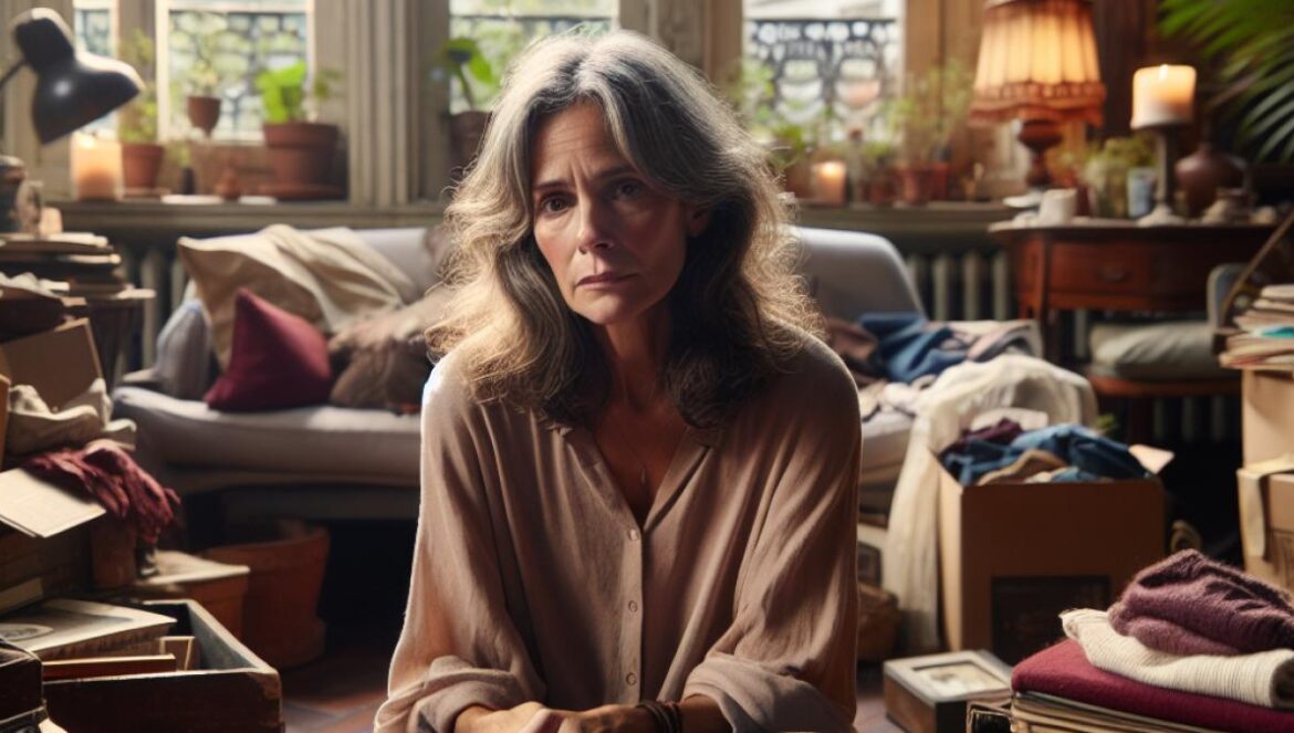 ¿Guardar todo “por si acaso”? Cuidado con esto A middle-aged woman sitting in a cozy Buenos Aires apartment, surrounded by piles of various objects—books, boxes, old clothes, and memorabilia—looking contemplative but not distressed, photorealistic editorial style, soft natural lighting through large windows, visible indoor plants and scented candles in the background, main subject centered and sharply focused for clarity.