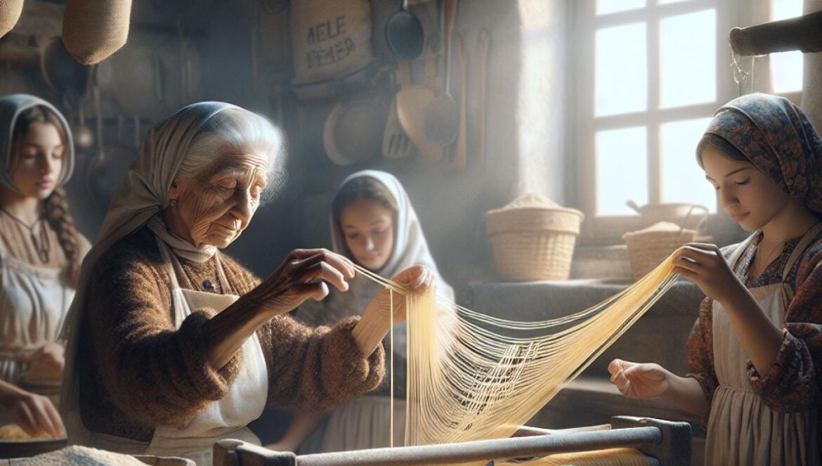 El filindeu: la pasta más rara del mundo que ni la IA ha logrado imitar A Sardinian grandmother and her nieces in a rustic Italian kitchen, skillfully stretching delicate strands of handmade pasta (filindeu) over a wooden frame. Photorealistic editorial style, soft natural lighting from a window, focus on their hands and the intricate web of pasta, traditional kitchen props like semolina flour sacks and wooden utensils in the background. Main subject well-centered and in sharp focus for an engaging, authentic visual.