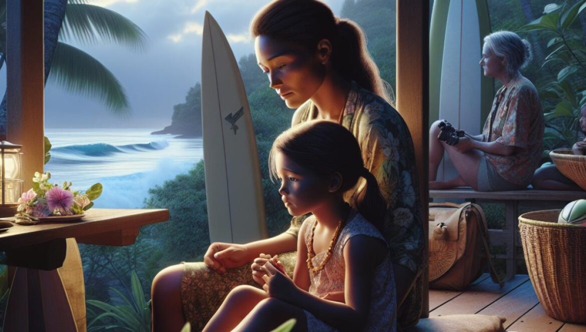 ‘Lilo & Stitch’ regresa… pero ¿a qué precio cultural? A photorealistic editorial image of a young Hawaiian woman and a little girl sitting on a sunlit porch, surrounded by lush tropical plants and surfboards. The mood is contemplative and bittersweet, with the main subjects centered and in sharp focus. In the background, subtle hints of modern tourism—like distant cruise ships or tourists with cameras—contrast with their intimate family moment. Clean, vibrant lighting highlights their expressions, capturing both nostalgia and subtle tension.