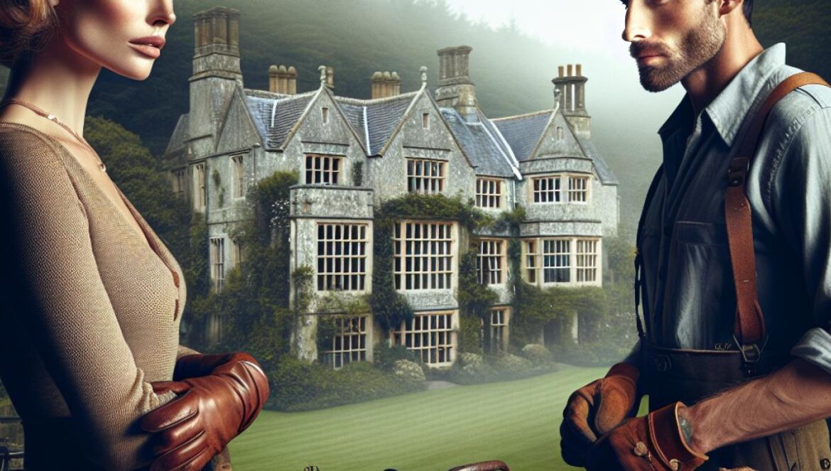 Netflix y la pasión prohibida: ¿Por qué “El Amante de Lady Chatterley” sigue revolucionando el cine romántico? A central shot of a 1920s English countryside manor, with a refined woman in vintage attire standing at the center, gazing longingly toward a rugged gamekeeper in working clothes. The pair is surrounded by lush greenery and subtle mist, evoking secrecy and intimacy. Photorealistic editorial style, natural daylight, the main subjects sharply in focus at the center, period props like leather-bound books and rustic tools add authenticity.