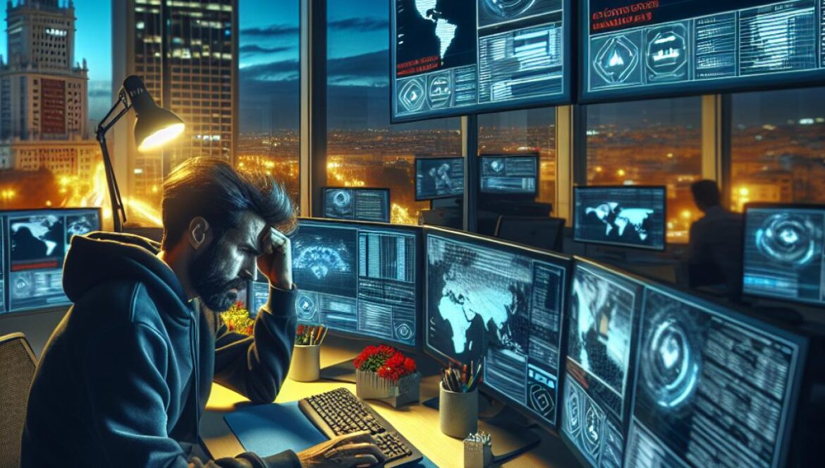 España, en la mira global: ¿Por qué somos el segundo país más atacado por cibercriminales? A worried Spanish IT security specialist working late at night in a modern office, multiple screens displaying digital cyber attack alerts and world maps, photorealistic editorial style, dramatic but clear lighting, coffee mug and smartphone on the desk, main subject centered and in sharp focus, clean background with hints of Madrid city skyline through the window.