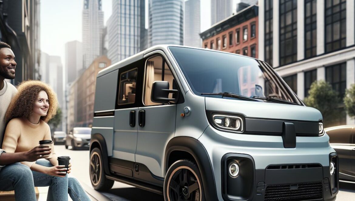 JOA Camp 54G: la van compacta que conquista la ciudad (y tu libertad) A modern compact French camper van parked on a vibrant city street, photorealistic editorial style, daylight with natural lighting, the van's sleek design clearly centered and in sharp focus, showing its compact size next to standard city cars. A couple enjoys coffee beside it with visible urban landmarks in the background. Clean and inviting atmosphere highlighting the versatility and style of the van.