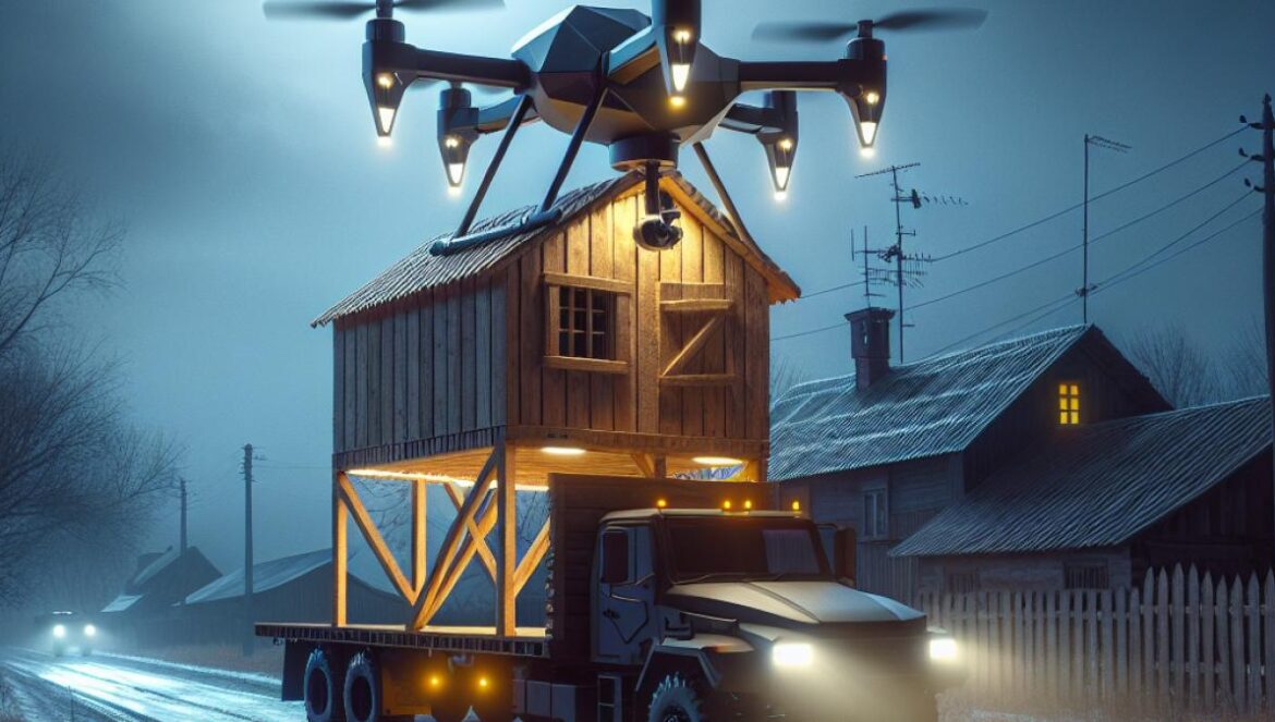 Drones camuflados en casas rodantes: así Ucrania infiltró el corazón de Rusia A realistic editorial photo showing a Ukrainian FPV drone being launched from a wooden structure mounted on a truck disguised as a house, in the dead of night. The main subject is the drone, sharply in focus and centered, emerging from an opening rooftop. Surroundings hint at secrecy—dimly lit rural road, cold atmosphere, subtle military presence in the background. Photorealistic style, dramatic but natural lighting emphasizing stealth and innovation.