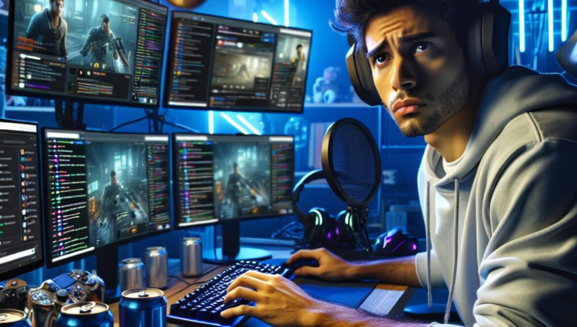 Streamers al límite: la cara oculta del éxito en Twitch que nadie te cuenta A young male streamer, visibly exhausted, sitting at his modern gaming setup with multiple monitors displaying Twitch and chat messages, photorealistic editorial style, late-night blue lighting, energy drink cans and headphones on the desk, worried expression, well-centered and in sharp focus with a tidy but tech-heavy background.