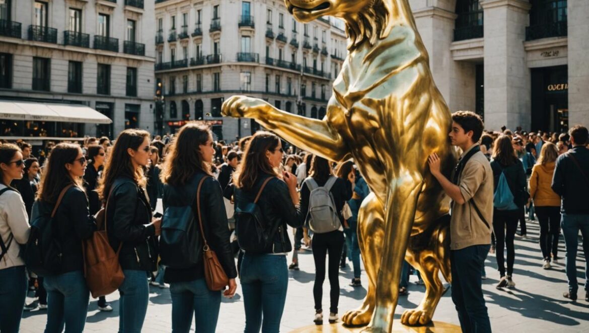 Por qué todos tocan al oso de Sol? La tradición urbana que TikTok volvió viral A lively scene at Madrid's Puerta del Sol, photorealistic editorial style, a group of young diverse tourists lining up to touch the golden paw and tail of the iconic Oso y Madroño statue, vibrant city background with modern fashion, excited expressions, sunlight illuminating the well-centered statue and crowd, clean and urban atmosphere.