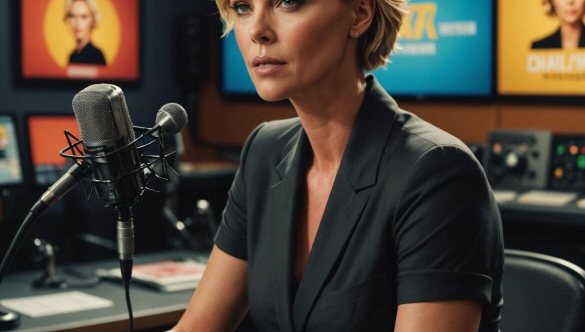 Charlize Theron seated in a radio studio, passionately discussing action cinema, photorealistic editorial style, warm and lively mood with microphones and film posters in the background, main subject well-centered and in sharp focus, modern professional setting.