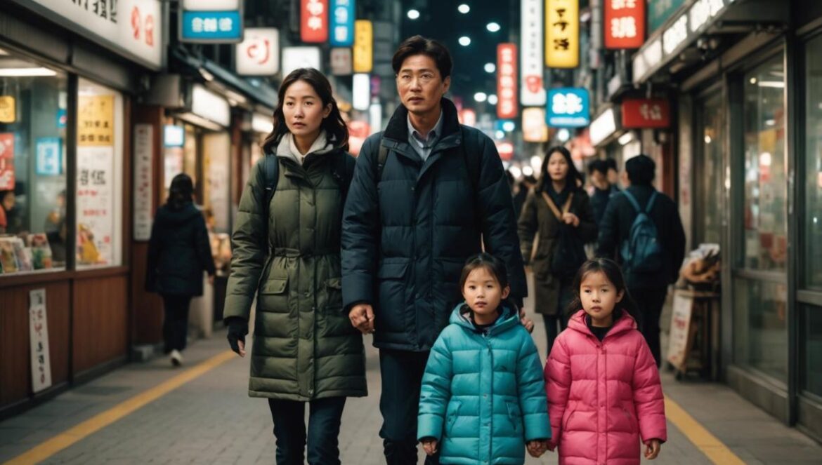 Corea del Sur educa como nunca… pero a qué precio emocional A focused scene of a South Korean family—parents and a child—walking at night on a busy street in Seoul, passing by brightly lit hagwon (private academy) signs. Photorealistic editorial style, gentle urban lighting, the family looks both thoughtful and slightly tense. Main subjects well-centered and in sharp focus, background softly blurred with Korean-language neon signs and bustling city details.
