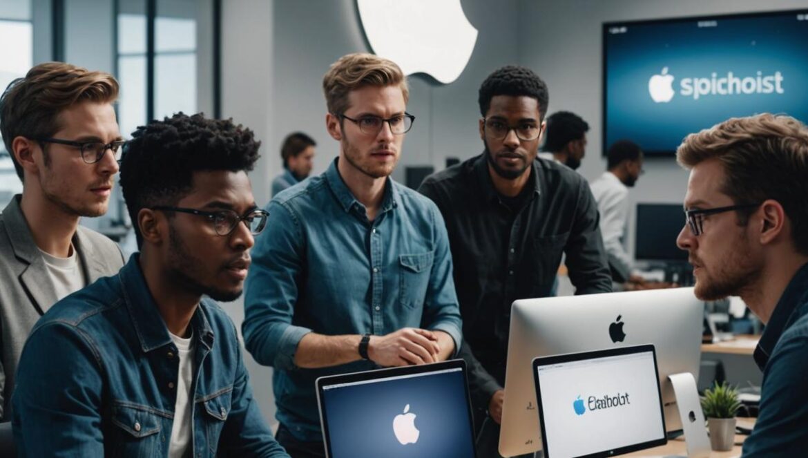 Apple IA: ¿Puede una Siri súper inteligente engañarnos? Mi experiencia lo revela A photorealistic editorial image of a group of diverse software engineers in a modern office, gathered around a sleek computer displaying the Apple logo and an AI chatbot interface. One engineer looks surprised while another seems suspicious, suggesting the AI just gave an unexpected answer. Bright, focused lighting on the center group, with tech gadgets and code-filled screens in the background. The main subjects are well-centered and in sharp focus, conveying intrigue and high-tech innovation.